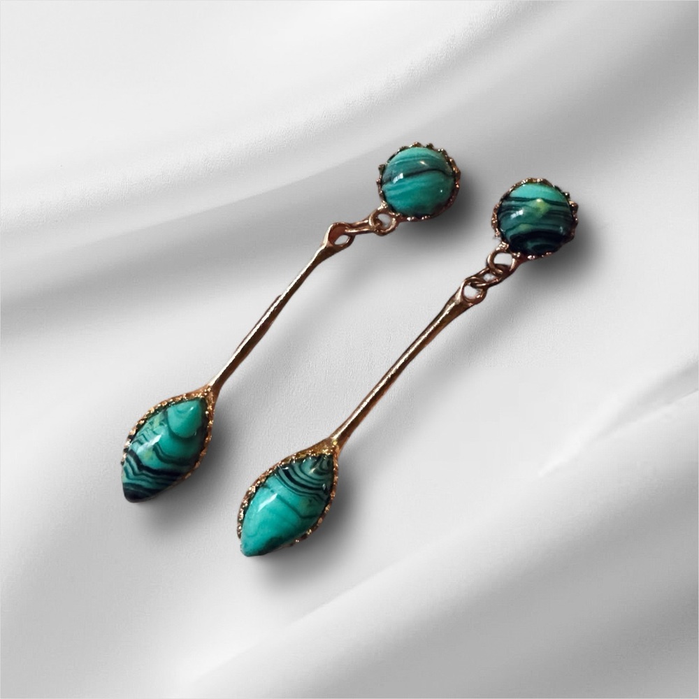 Vintage Resin Faux Malachite Gold Drop Earrings